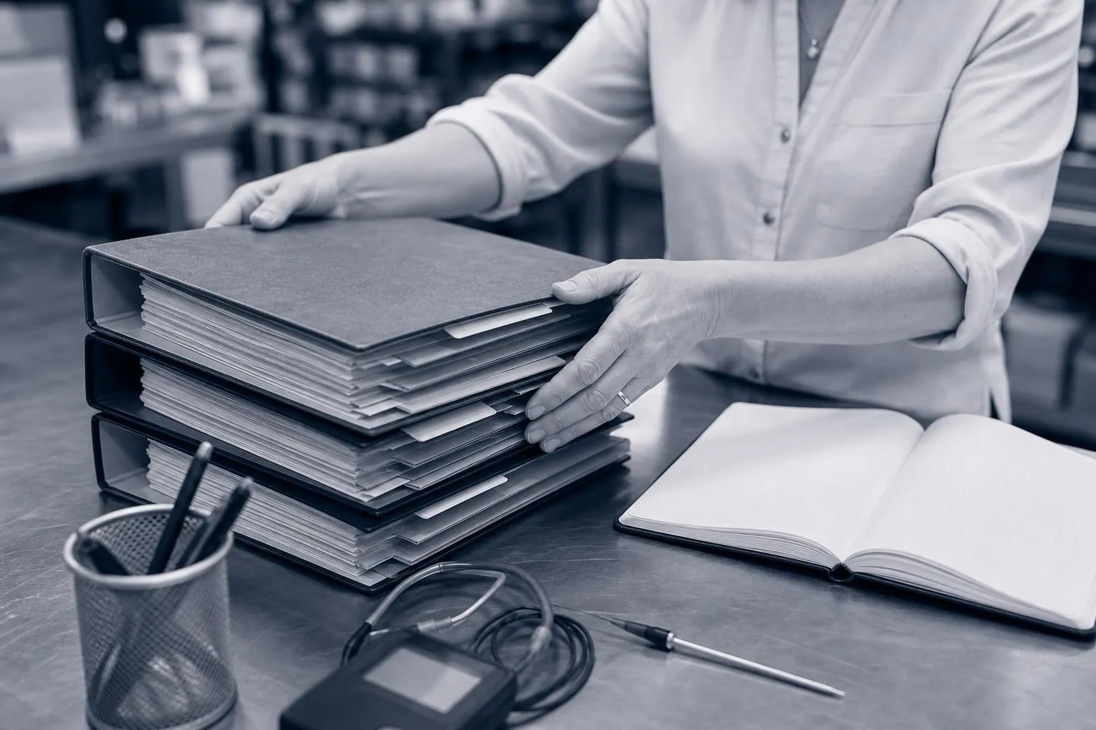 Mains d une gerante empilant des classeurs a levier et des intercalaires sur un comptoir, a cote d un cahier de temperatures et d un thermometre