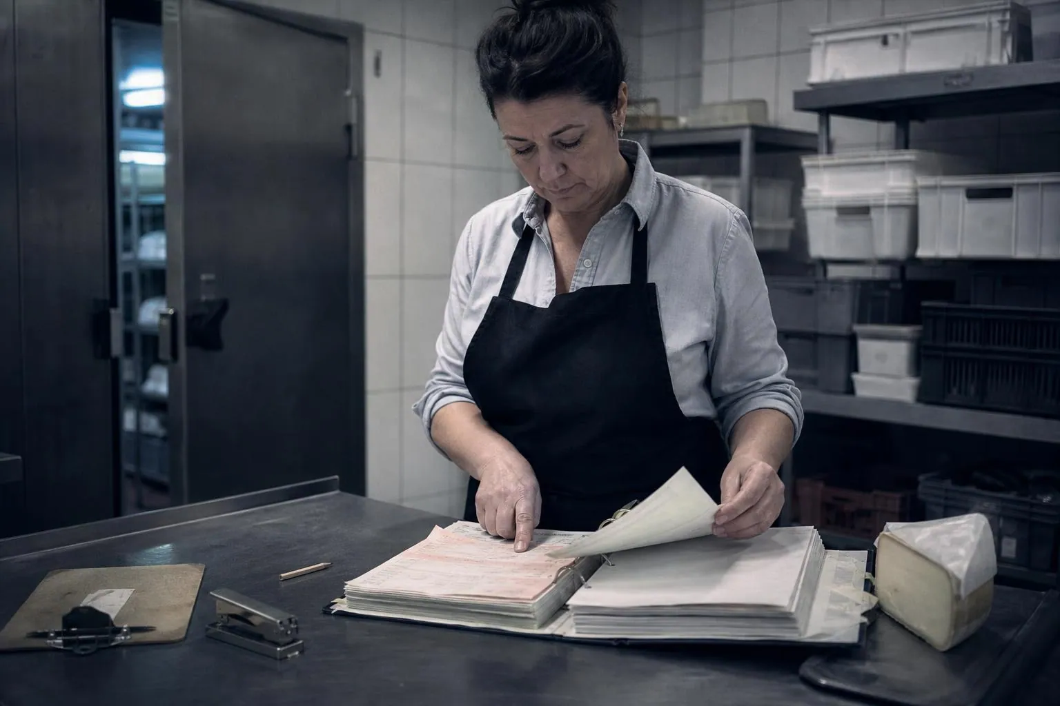 Cremiere en tablier sombre feuilletant un classeur de bons de livraison pose sur un plan de travail en inox dans une arriere boutique