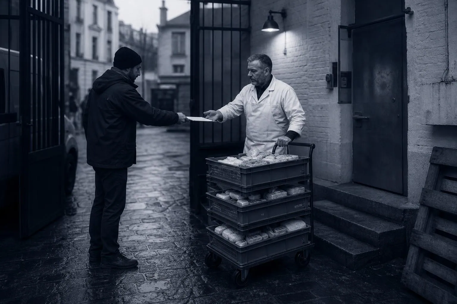 Livreur tendant une planchette a pince a un artisan sur le quai de reception d une arriere cour pavee, chariot de caisses plastiques a cote