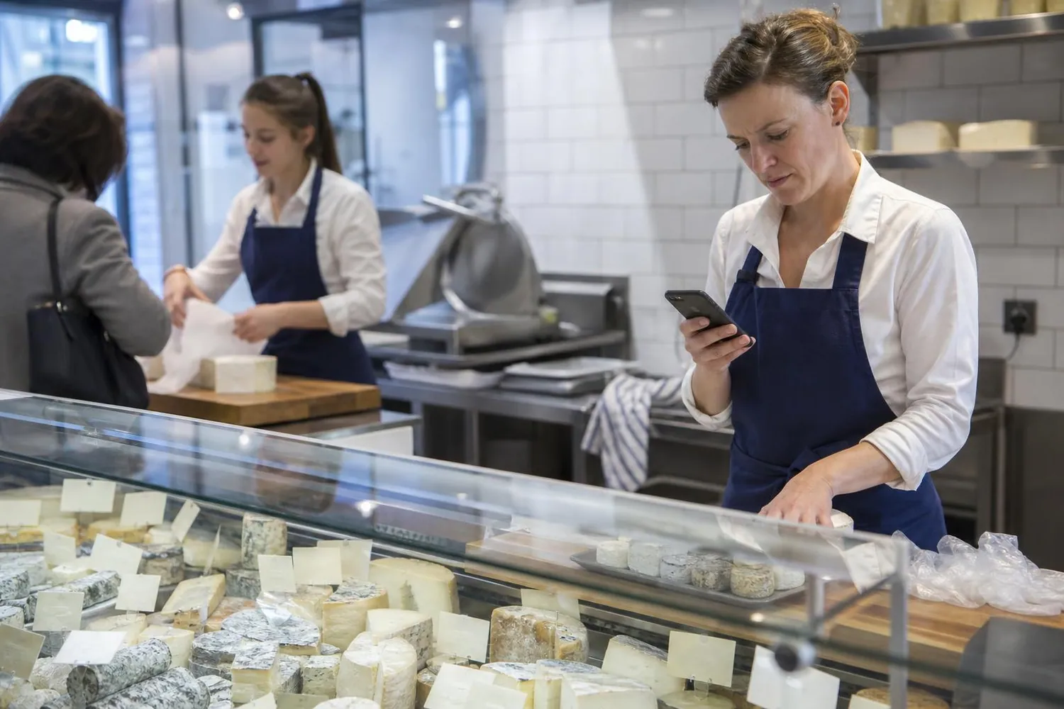 Cremiere en tablier bleu marine consultant son telephone derriere une vitrine refrigeree garnie de meules et de fromages a croute lavee, dans une boutique de quartier francaise