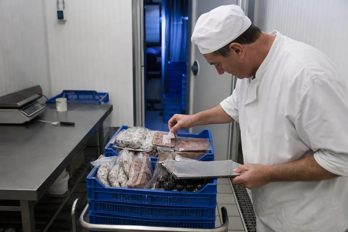 Charcutier traiteur en blouse blanche controlant les etiquettes de lot de terrines et de saucissons dans des caisses plastiques empilees, a la reception d une livraison en arriere boutique